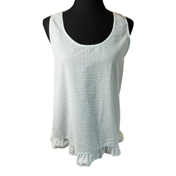 Alya Light Blue Seersucker Sleeveless Tank Top Ruffle Hem Bow Back Cottage Core - Picture 1 of 9